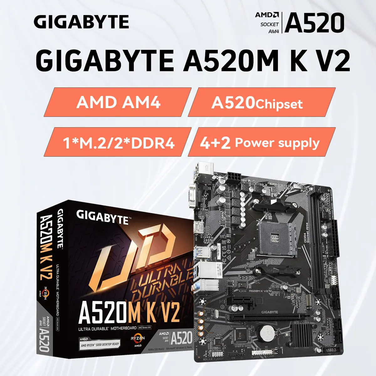 GIGABYTE A520M K V2 Motherboard AMD AM4 For Ryzen 3/4/5 Series CPU DDR4 64GB PCI-E 3.0 16X SATA3.0 M.2 VGA, Realtek®GbE