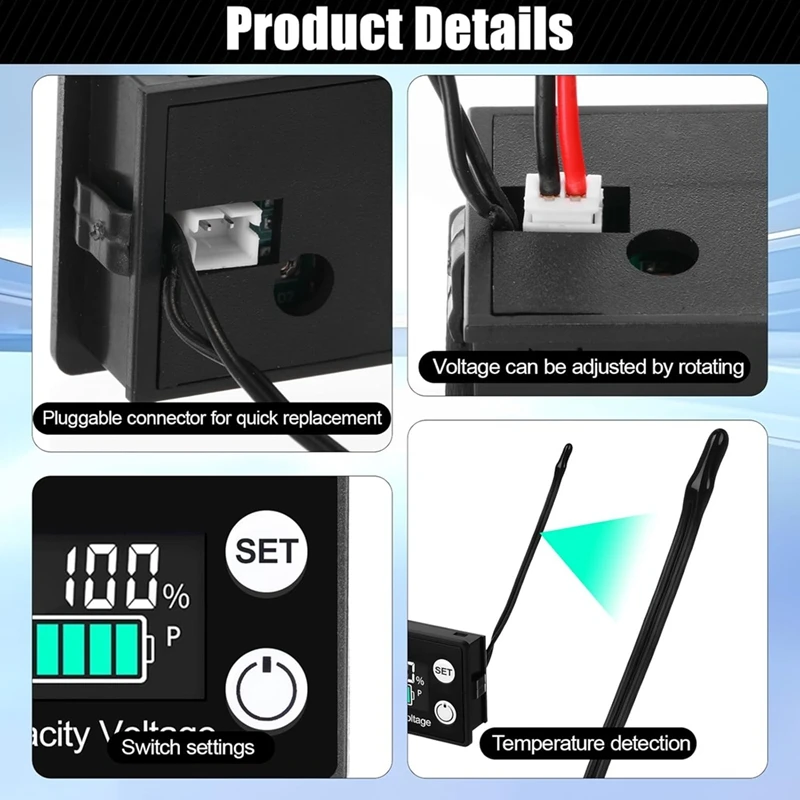 4 Pack Digital Battery Monitor for Golf Cart 8-100v, 12v 24v 36v 48v 60v 72v, LCD Display for Marine Boat/Car/Motorcycle-ABFB