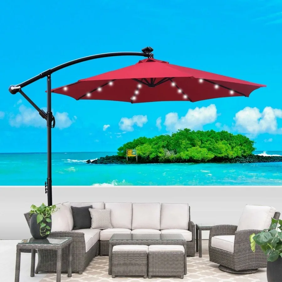 

10 ft Outdoor Patio Umbrella Solar Powered LED Lighted Sun Shade Market Waterproof 8 Ribs Umbrella with Crank and Cross Base fo