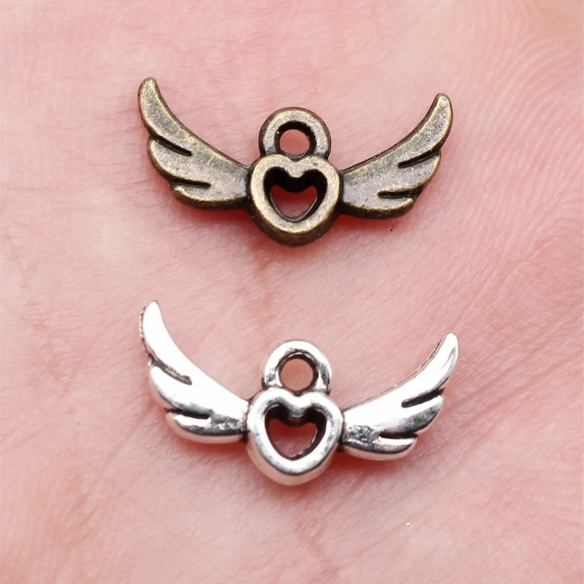 WYSIWYG 20pcs 16x8mm 2 Colors Antique Bronze Color Antique Silver Color Angel Wings Heart Charms For DIY Jewelry Making