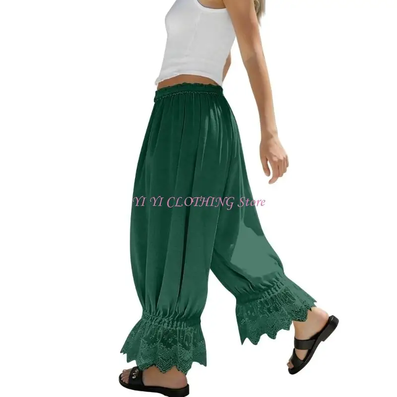 N5KF Women Lace Trim Long Bloomers Elastic Rise Ruffle Pantaloons Cropped Flared Slips Pants Pajama Bottoms