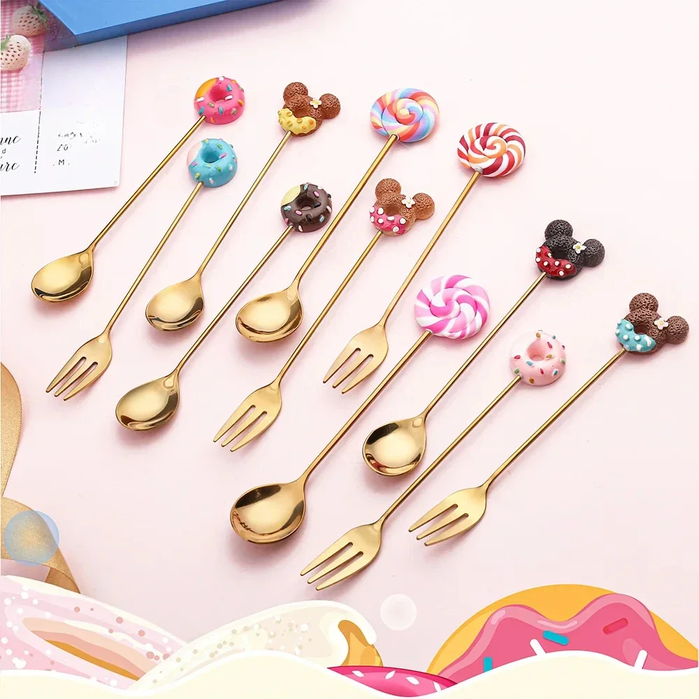 Lovely Cute Version Rainbow Lollipop Donut Macaron Dessert Spoons Fruit Forks Kids Set Stainless Steel Spoon Fork Fruit 2024