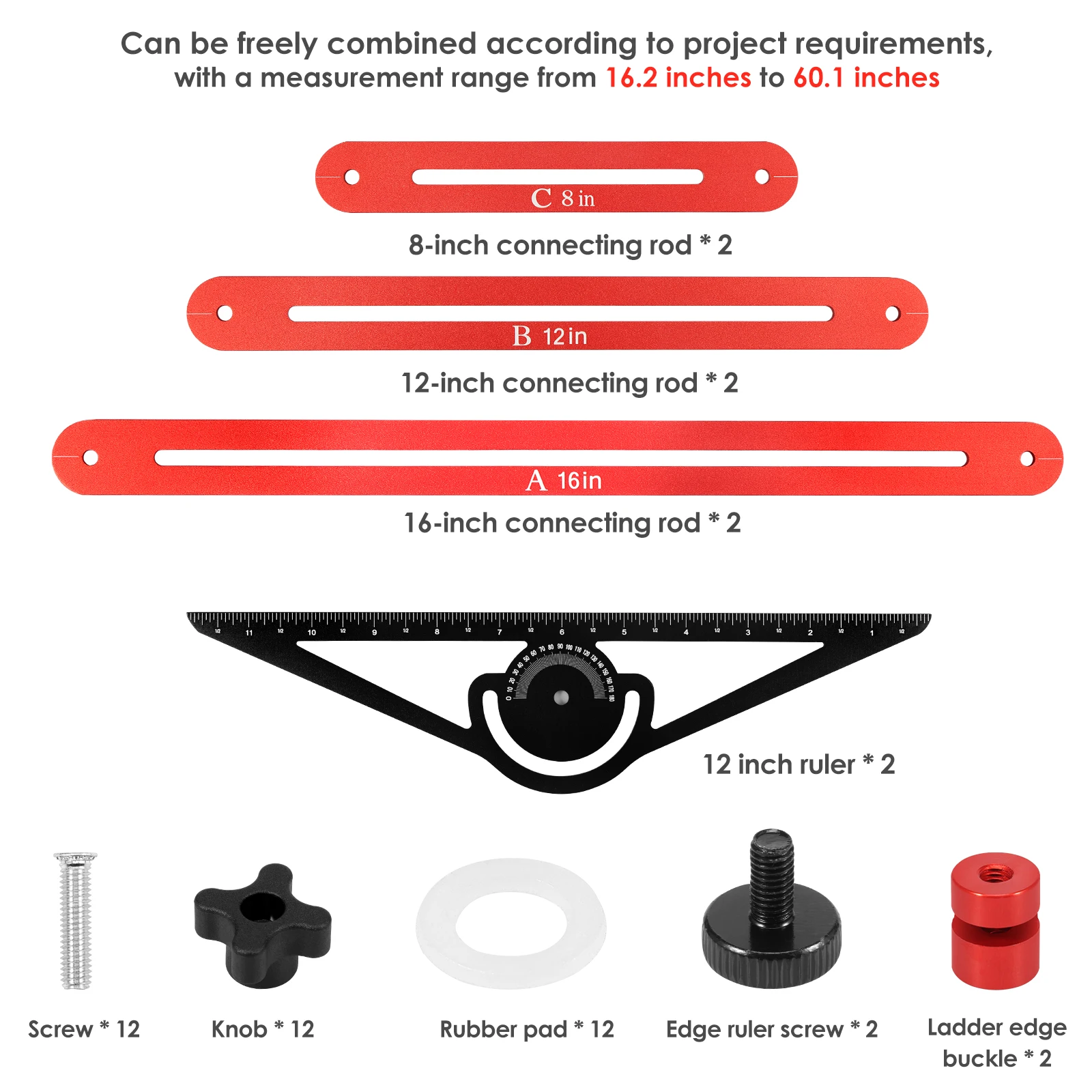 Stair Tread Template Tool Double Solid Nut Locking Stair Measuring Tool 16.2-60.1'' Step Measuring Gauge Jig for Risers Shelves