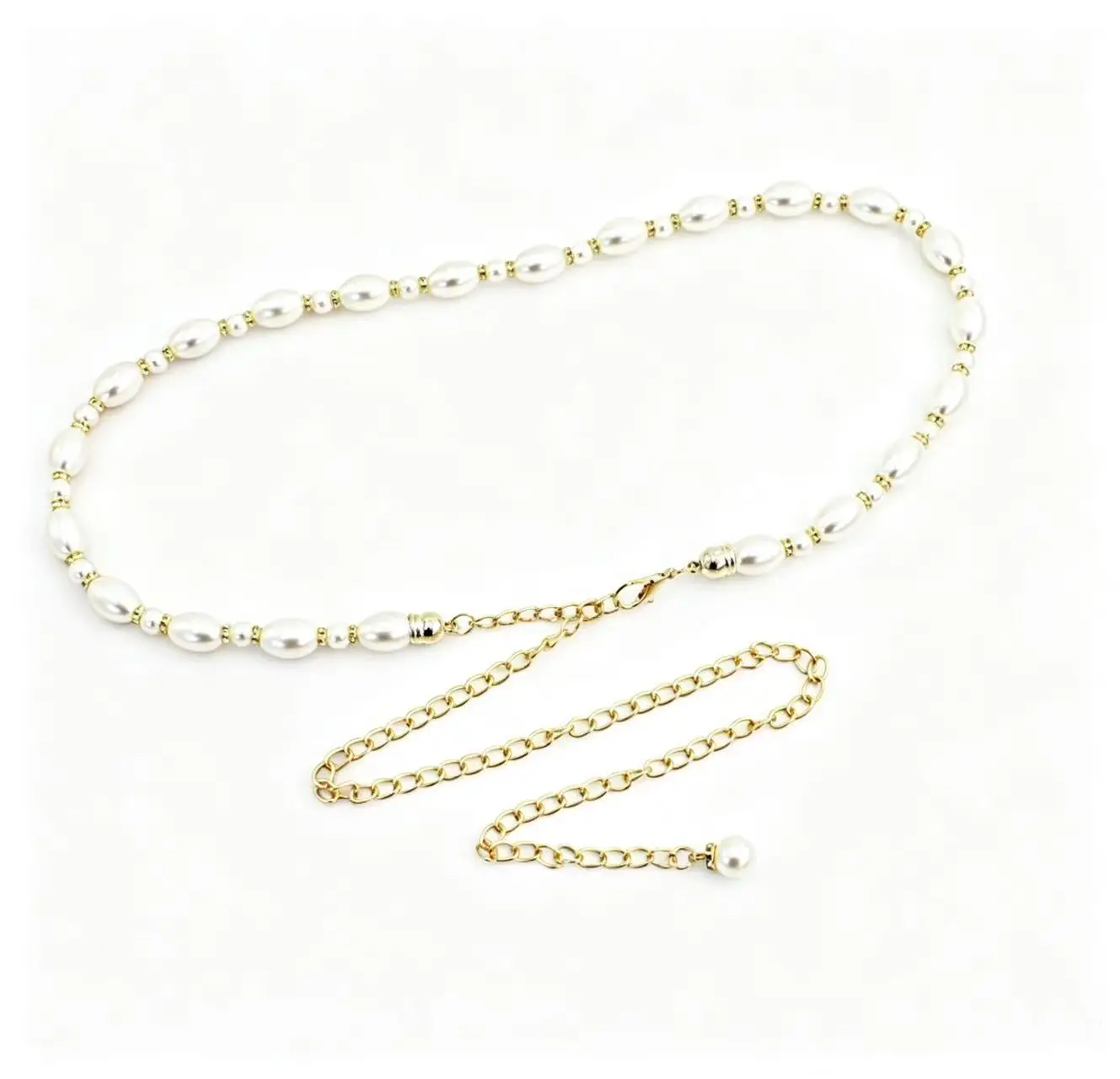 New Spring and Summer Women's Simple Dress with Decorative Waist Belt and Suit Skirt, Personalized Rhinestone-Embellished Pearl Waist Chain 115cm