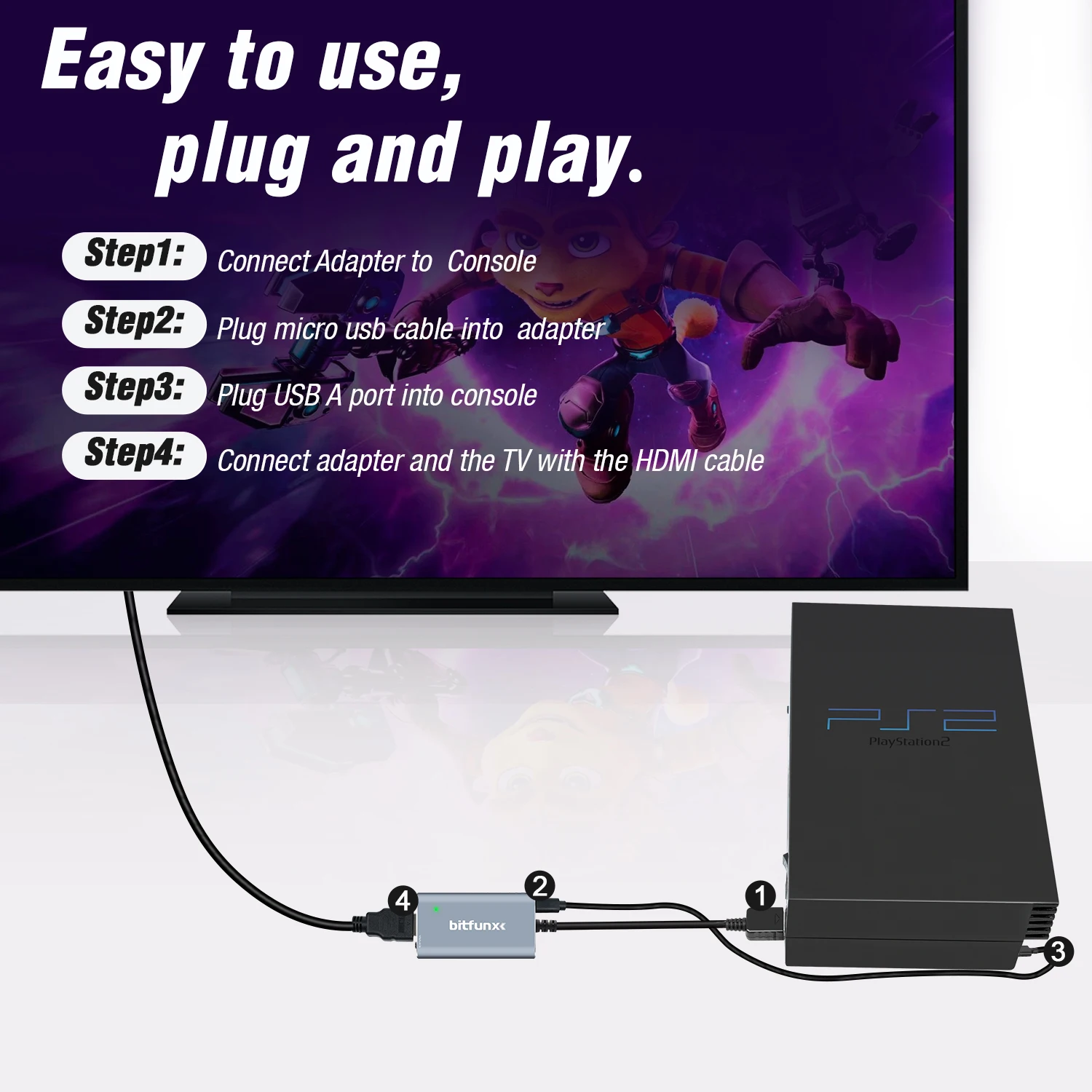 Bitfunx Hdmi Converter Voor Sony Ps2 Voor Playstation 2 Inclusief Rgb/Component Schakelaar Voor Ps2 Console 480i 480P 576i