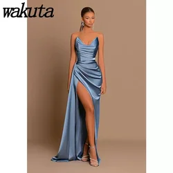 Wakuta-vestido de baile de cetim plissado, Strappy Backless, Espartilho Sereia, Bainha Dividida, Sem Mangas, Fino, Sexy, Moda Laranja