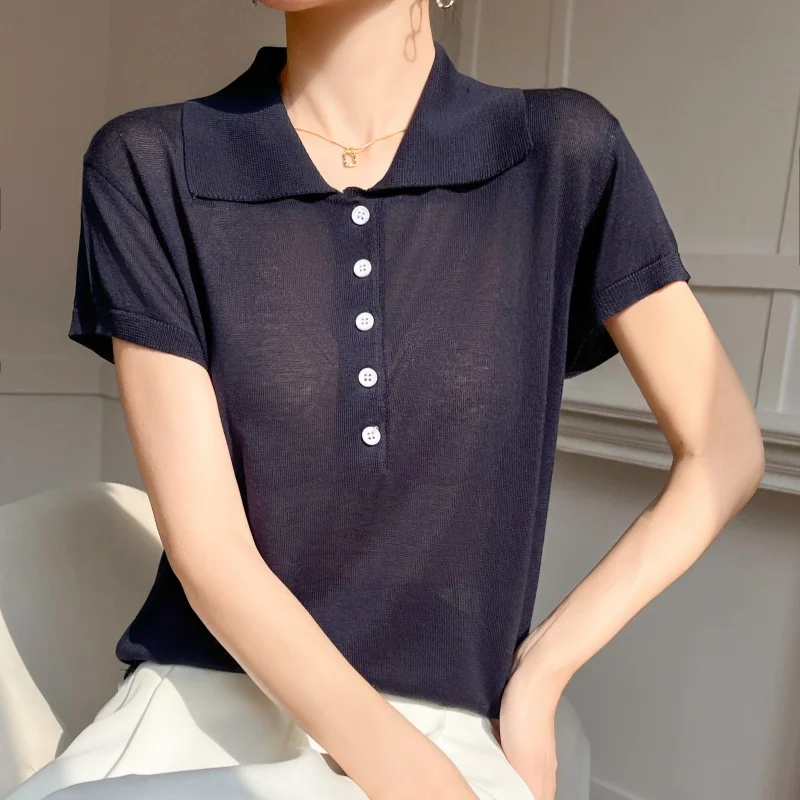 Flip Collar Pure Lyocell Pullover Women's knitted Short Sleeves Sweater Half single buckle decoration High-quality Loose Tops 6