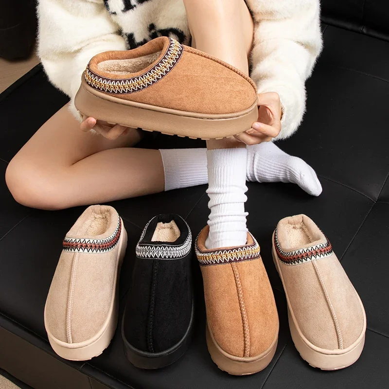 HOT Winter Woman Slippers Plush Interior Anti Slip Sole Thick Bottom Embroider Fashion Warm Slippers Use Indoor Outdoor