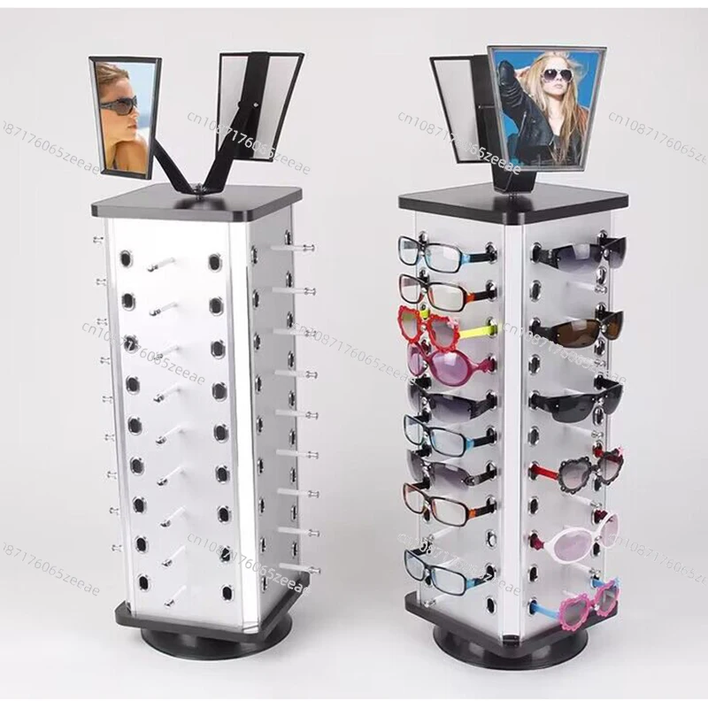 Freestanding 44 Pairs Glasses Display Stand Glasses Display Rack With Mirror 360° Rotating Eyewear Sunglasses Display Holder