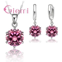 Newest Simple Style Colorful CZ Jewelry Set 925 Sterling Silver  Accessories For Lady Charm Pendant Necklace Hoop Earrings