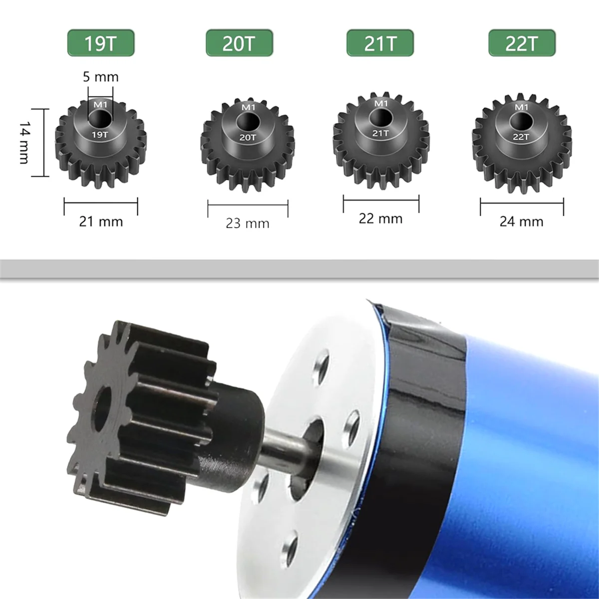 T89C Mod 1 Pinion Gear Set 4PCS, 19T 20T 21T 22T M1 Pinion Gear Metal Hardened Steel Fit 5mm RC Motor Shaft with Hex Key