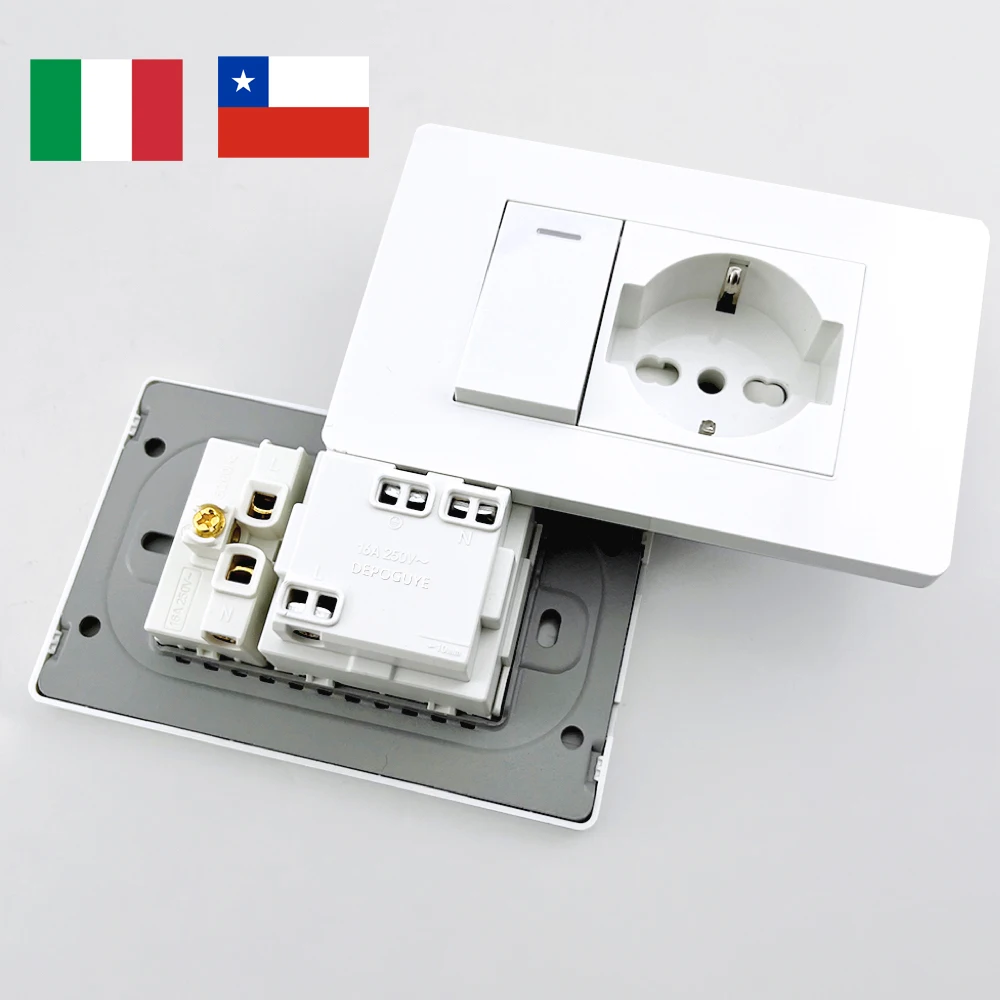 Italy Chile  Standard Outlet with USB Smart Type-c 20W Fast Charging, Dual USB Wall Socket Chile Plug Plastic Panel Light Switch