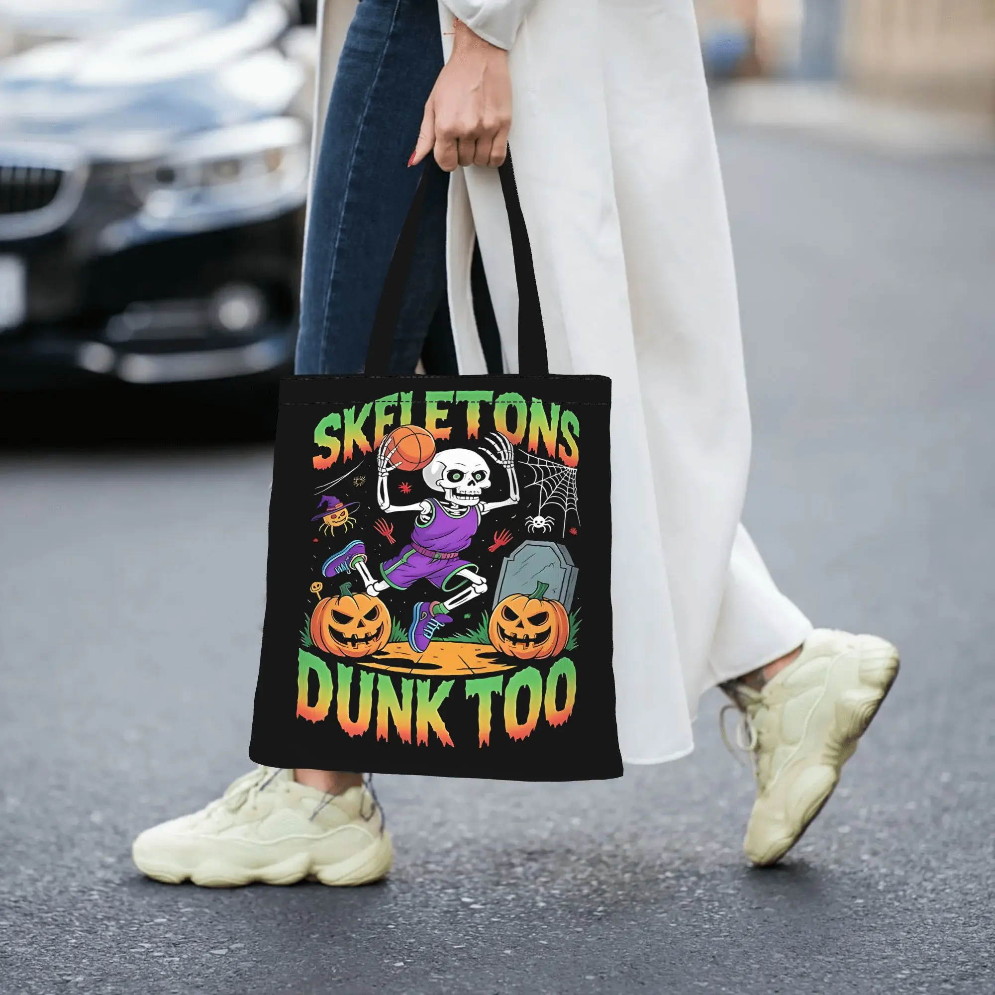 Skeletons Dunk Too Pumpkin Basketball Halloween canvas tote bag,  urban style for daily shopping and casual outings
