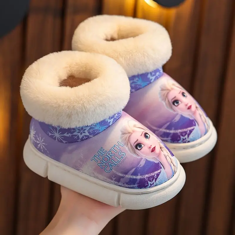 Disney Princess Elsa Winter Children's Cotton Slippers Girls' Heel Wrap Warm Fur Wear Baby Blue Purple Snow Boots Size 22-35