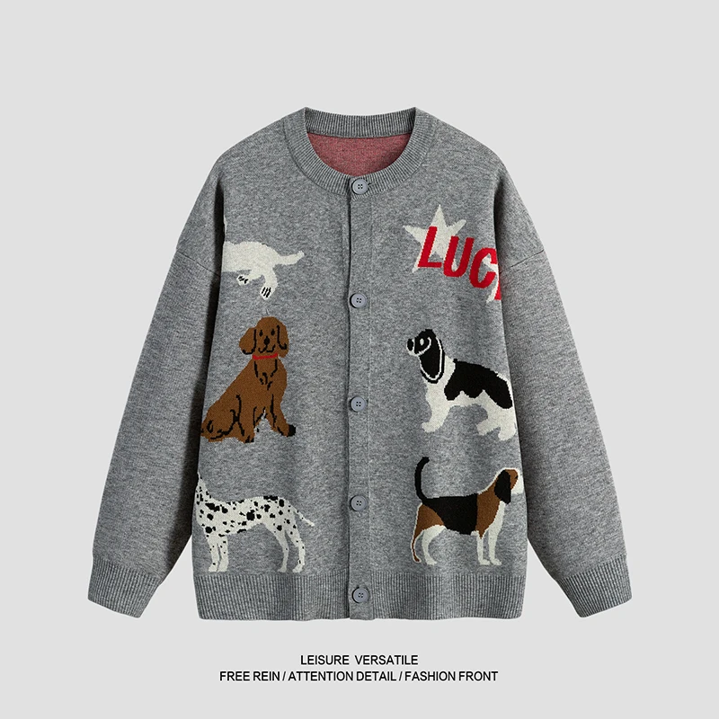 

Весенне-осенняя домашняя удобная многофункциональная домашняя одежда для отдыха, мужская модная тенденция, теплый вязаный кардиган с животным принтом