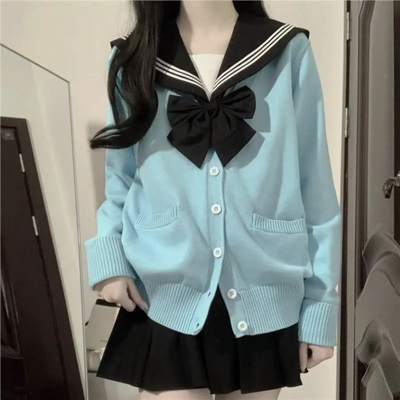 Original JK Knitted Long Sleeve Sweater Coat Women's Spring Autumn Deep Grey School Uniform Style Outerwear Fashion Set