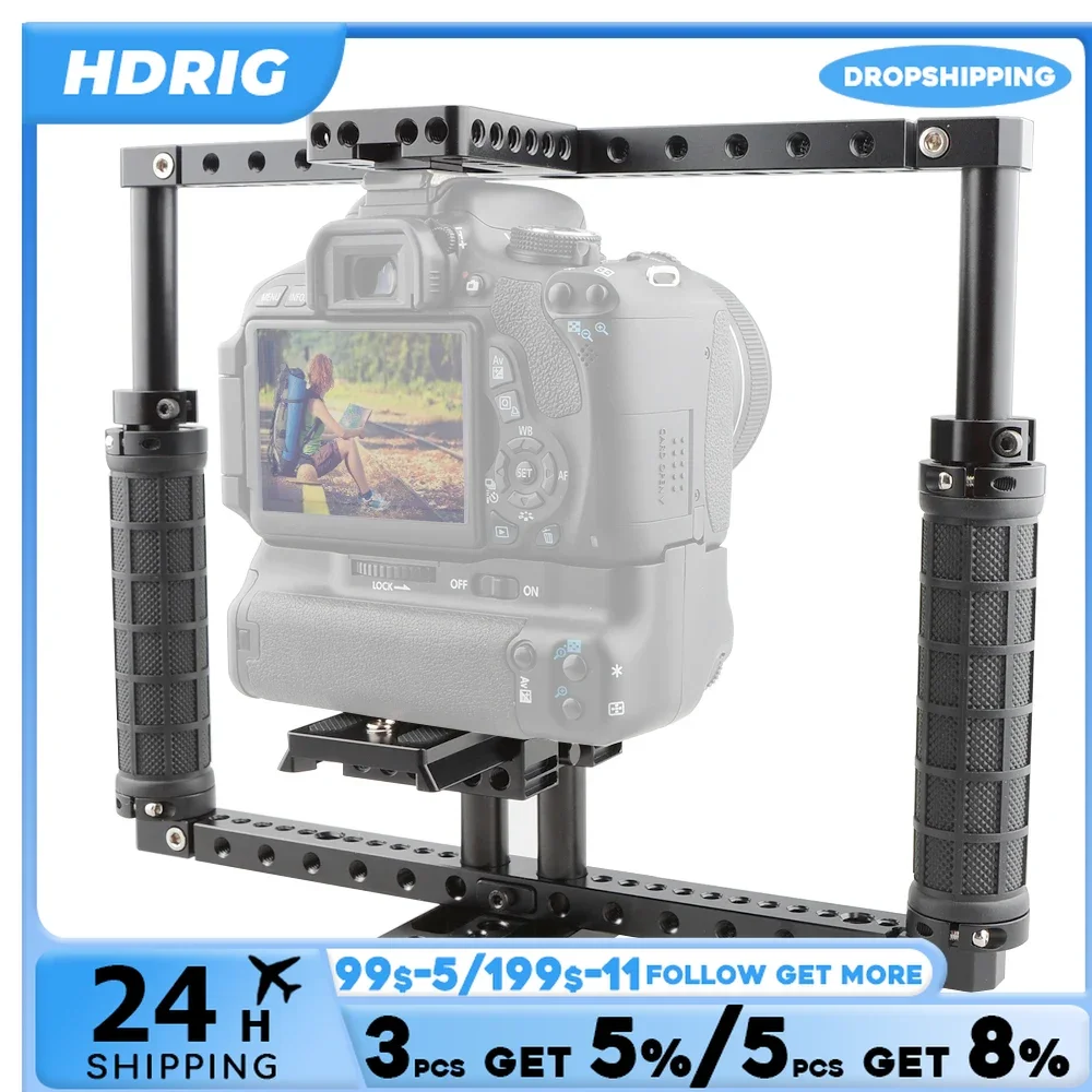 HDRIG Adjustable Cage with Quick Release Baseplate Fits Large-sized DSLRs or DSLR with Battery Grip