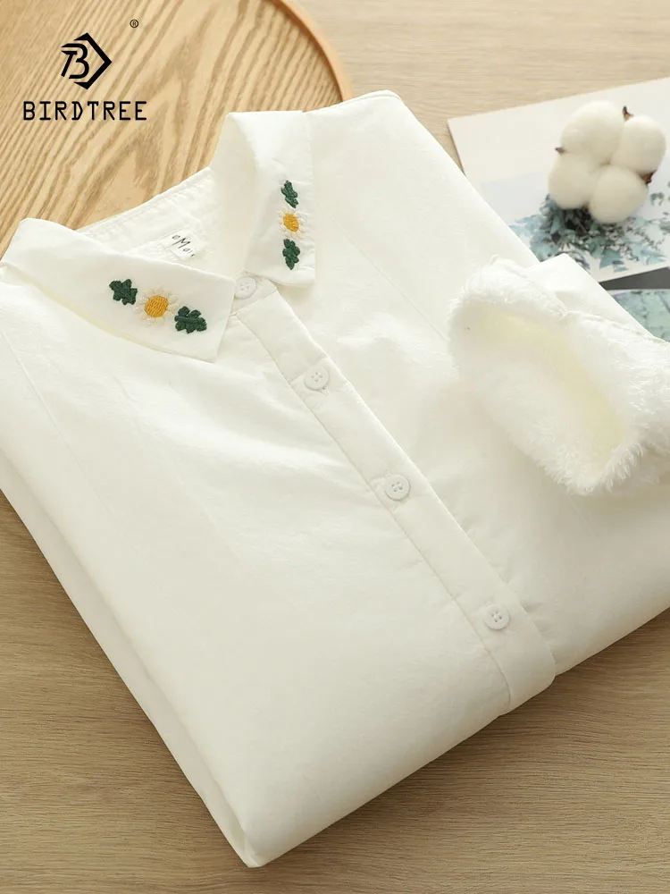 

New 2025 Fall Cotton Long Sleeve Fleece Shirt, Women Collar Embroidery, Mori Girl Simplicity Commute Warm Loose Blouse T5O882CC