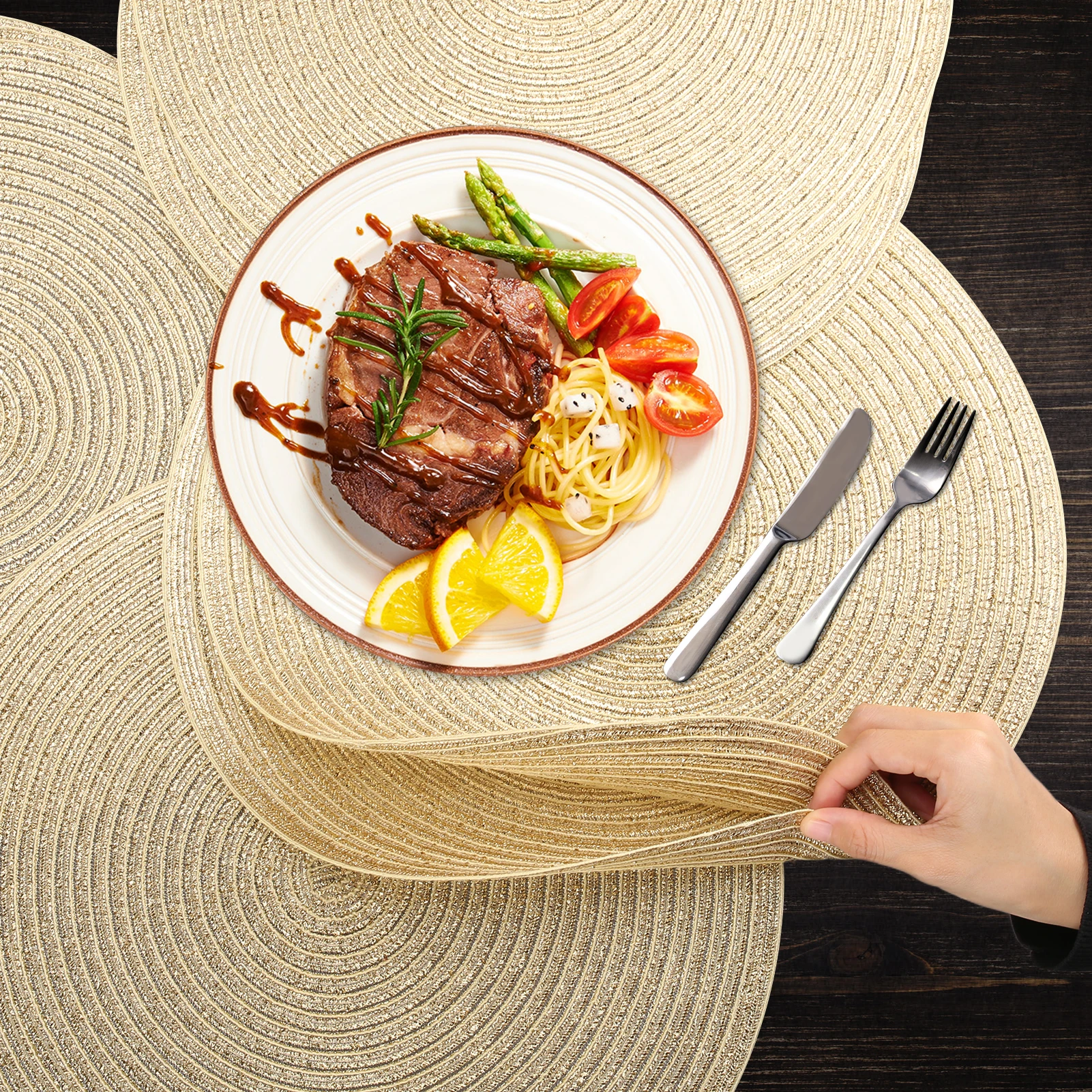 

Set of 6 Gold Round Braided Table Mat Washable Placemats Anti Slip Dining Tableware For Home Kitchen Wedding Holiday Table Décor