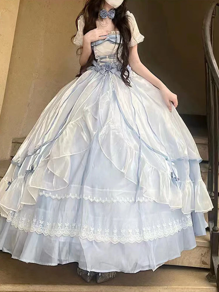 Elegant Light Blue Lolita Square Collar Short Sleeve Op Super Fairy Dress