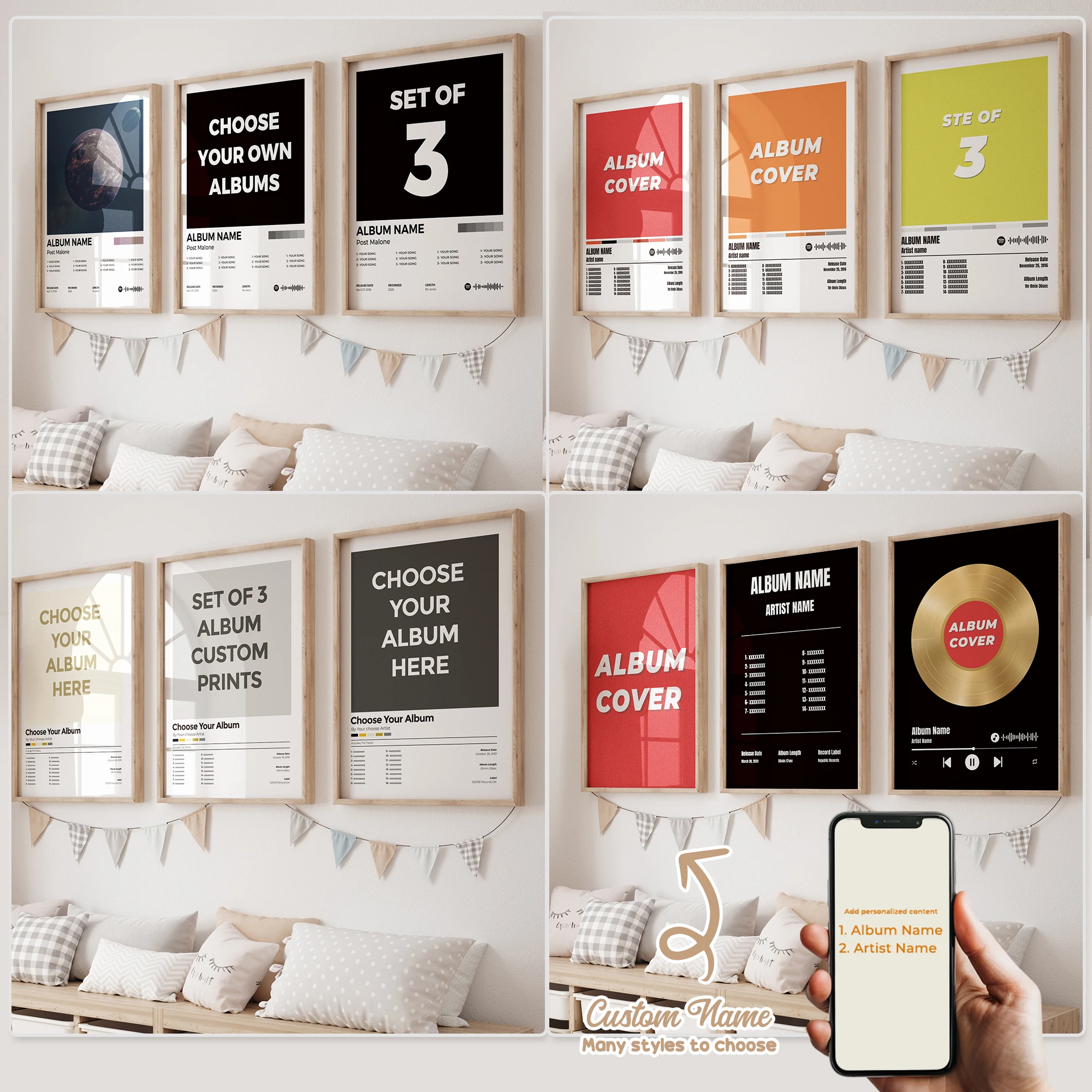 3pcs Custom Album Music Cover Wall Art Personalised Song Print Picture Poster Canvas For Living Room Bedroom Room Home Decor