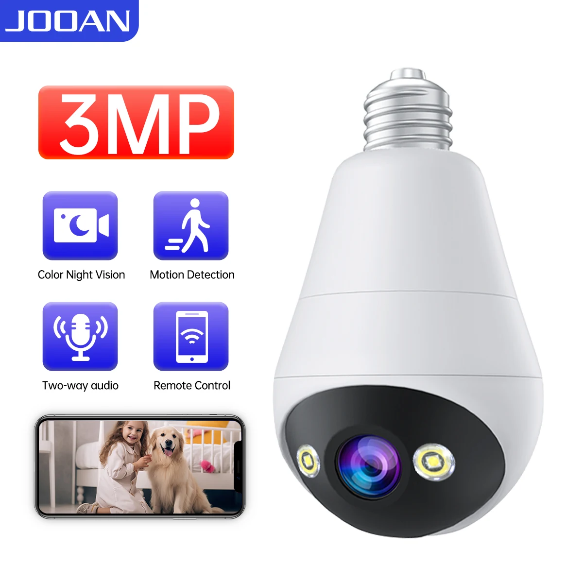 JOOAN 3MP Wifi E27 Bulb Surveillance Camera Indoor 5X Digital Zoom Auto Tracking HD Night Security Wireless Camera Smart Home