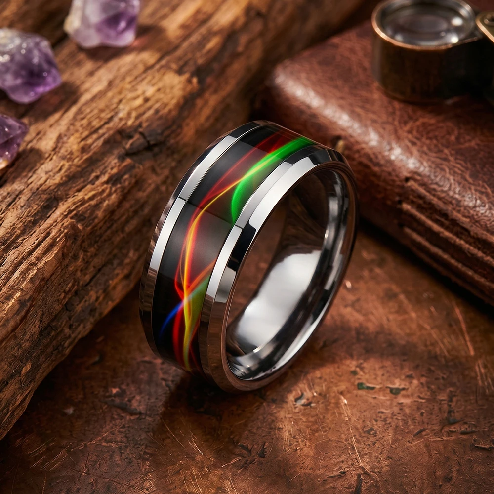 SUNFLOWERZHU Colorful Line Stainless Steel Rings Men High Polished Wedding Band Engagement Jewelry Beveled Stainless Steel Ring