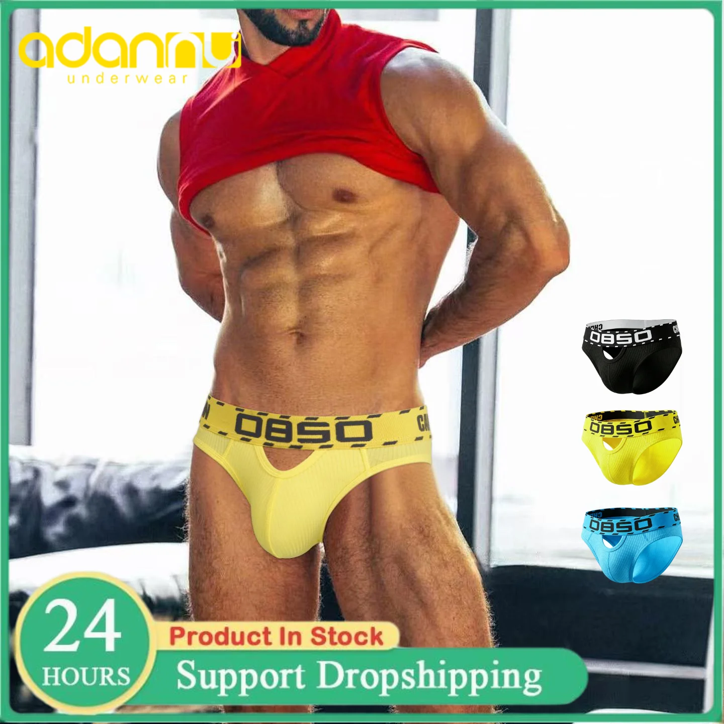 Men's Cotton Briefs Sexy Hollow Out Low Waist Underwear with Caution Print Waistband Breathable Ribbed 3D Pouch Summer Panties