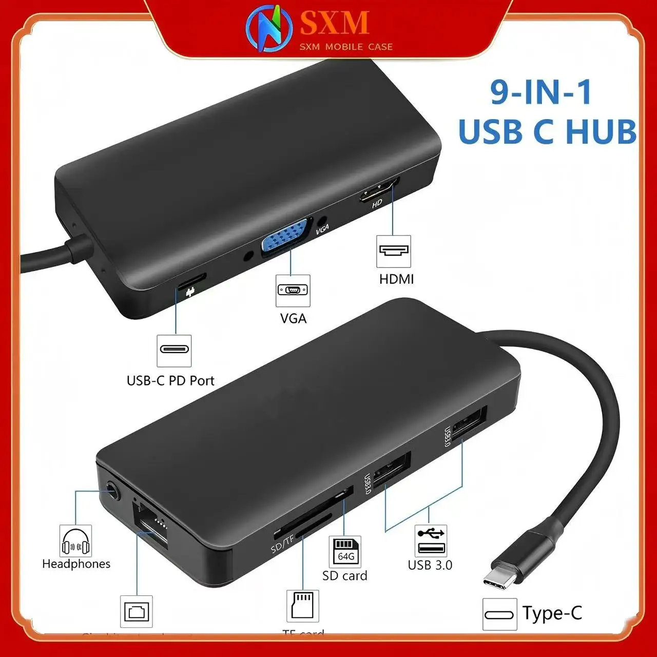 

Конвертер мобильного телефона Type-C в HDMI, док-станция 9-в-1, адаптер-концентратор для чтения карт памяти USB3.0
