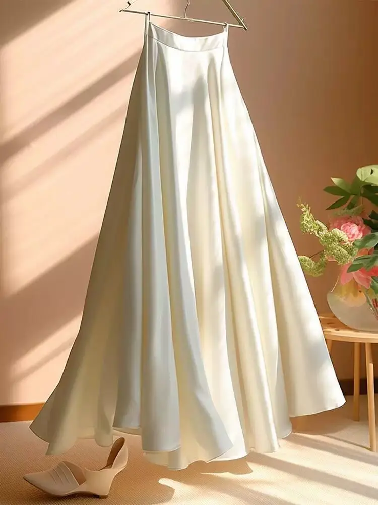 High Quality French Luxury Lady High Waist Long Skirt For Women 2024 New Spring Summer Korean Fashion Casual  A-line Satin Skirt