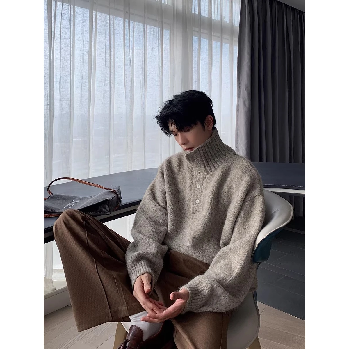 

Men's High Collar Knitwear Winter Thi Casual Loose Trendy Base irt Top Polyester Fiber Long Sve Warm Commute Sle