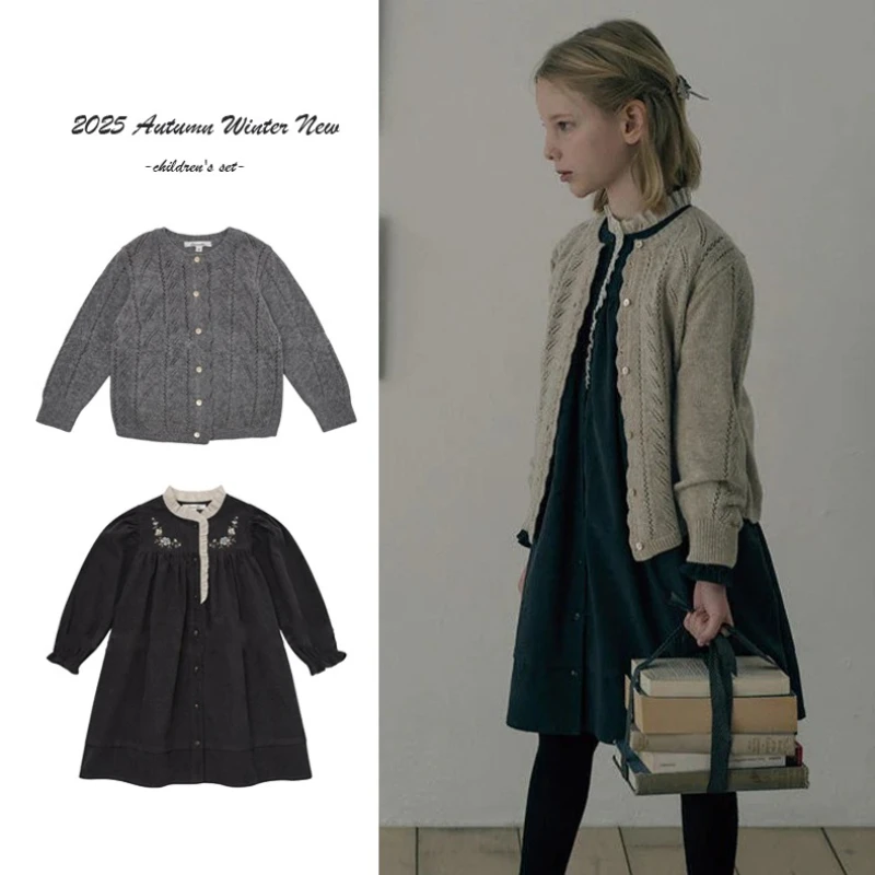 

Girls Dresses 2025 Autumn Winter 100% Cotton Corduroy Black High-end Embroidered Dress Cardigan Woolen Sweater Kids's Clothing