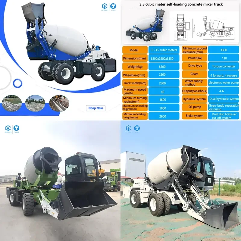 2026 CE 3.5Cubic Meters 3.5m3 Self Loading Mobile Concrete Mixer Trailer Transit Mud Mixer Truck With Bucket Cabin Pump
