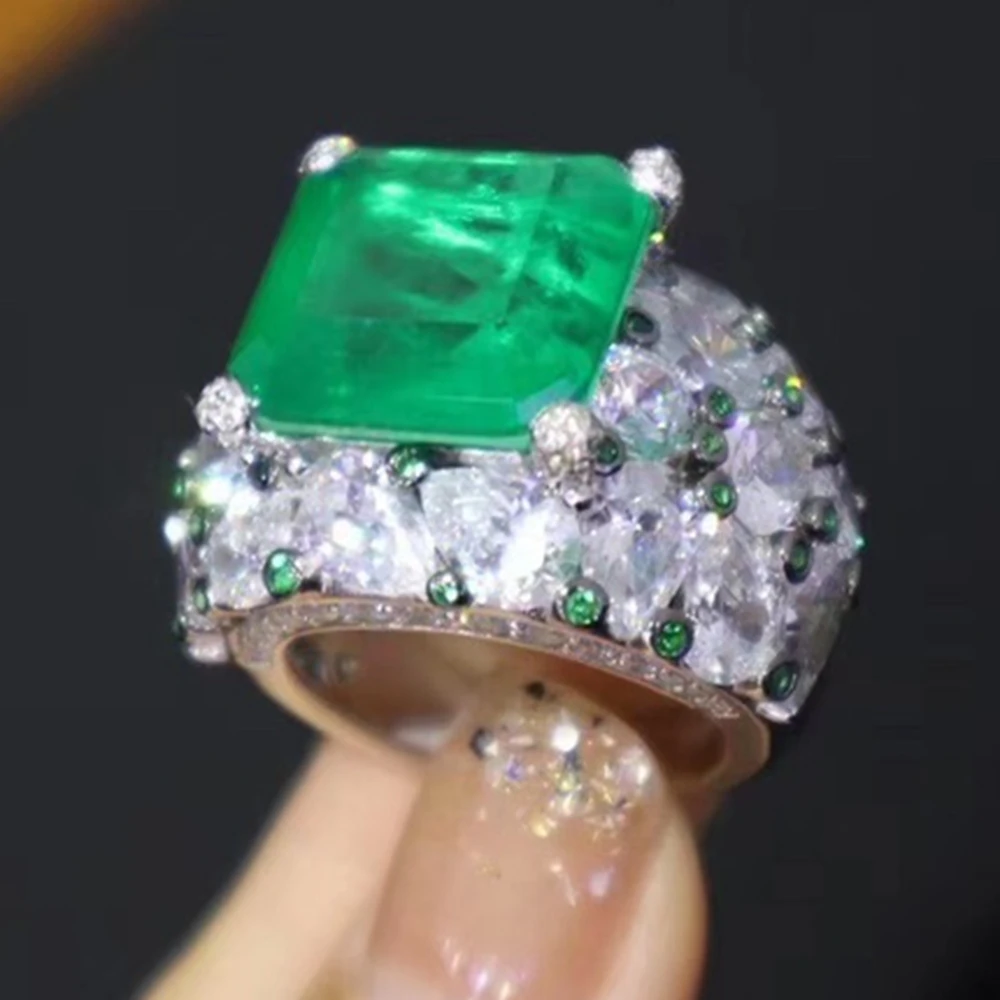 ARIGAYA High Craft Real 925 Sterling Silver With Large Created Green Emerald High Carbon Diamond Gemstone Rings Luxury Jewelry