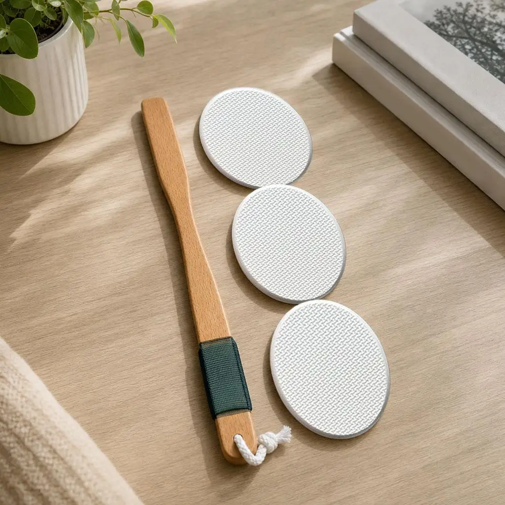Curved Beechwood Handle Brush with 3 Replacement EVA Sponge Pads Multi‑Function Silicone Back Applicator for Lotion Sunscreen
