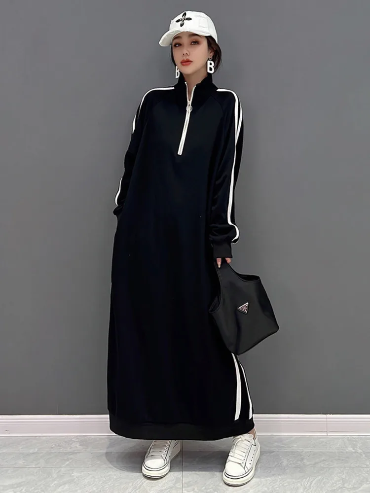 SHENGPALAE Woman Turtleneck Pullover Dress Loose Mid-length Stripe Leisure Age Reduction Dress Black 2024 Spring Autumn 5C1447