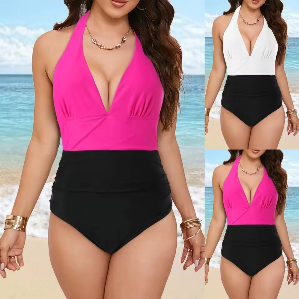Women Sexy 1 Piece Swimsuit High Waist Backless Color Matching Fashionable Beach Swimsuit Sexy Women Summer Swimwear Bikini Set