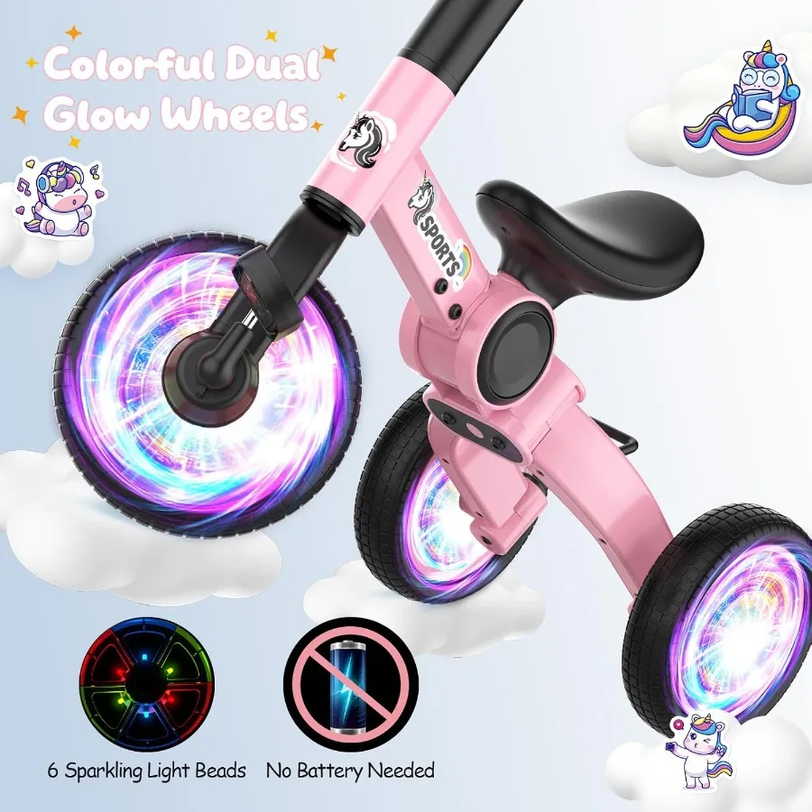 Rowerek biegowy 3 w 1 dla maluchów w wieku 1-4 lat, kolorowe oświetlenie, trójkołowy rowerek dla niemowląt i małych dzieci w wieku 1 2 3 4 lat z odpinanymi pedałami.