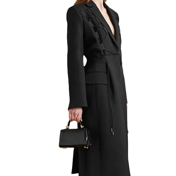 

Custom Women's Tie Details Tailored Long Trench Coat Drawstring Wool Twill Plus Size Overcoat