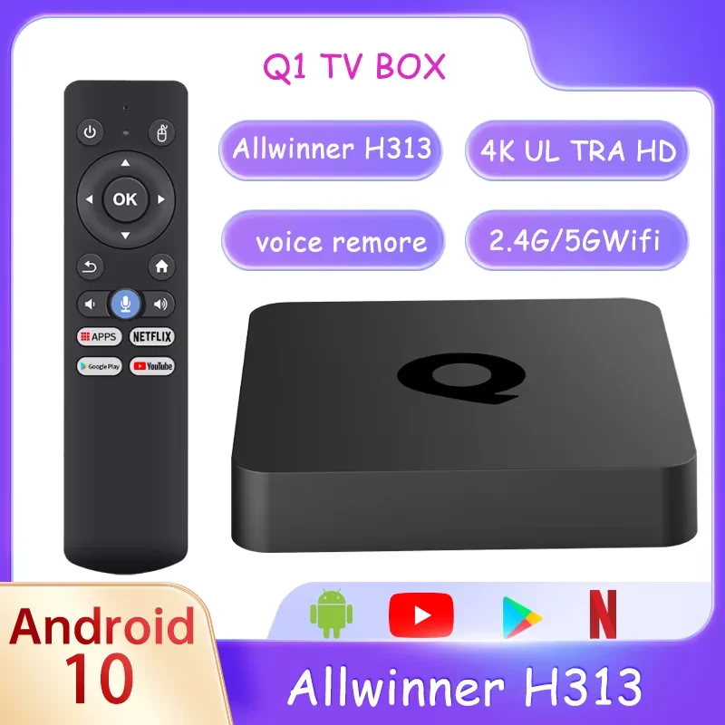 

Android 10 Q1 TV Box 8GB/16GB ROM 4K Streaming Media Player Bluetooth 5.2 WiFi2.4G&5G Support Allwinner H313 Voice Set-top Box
