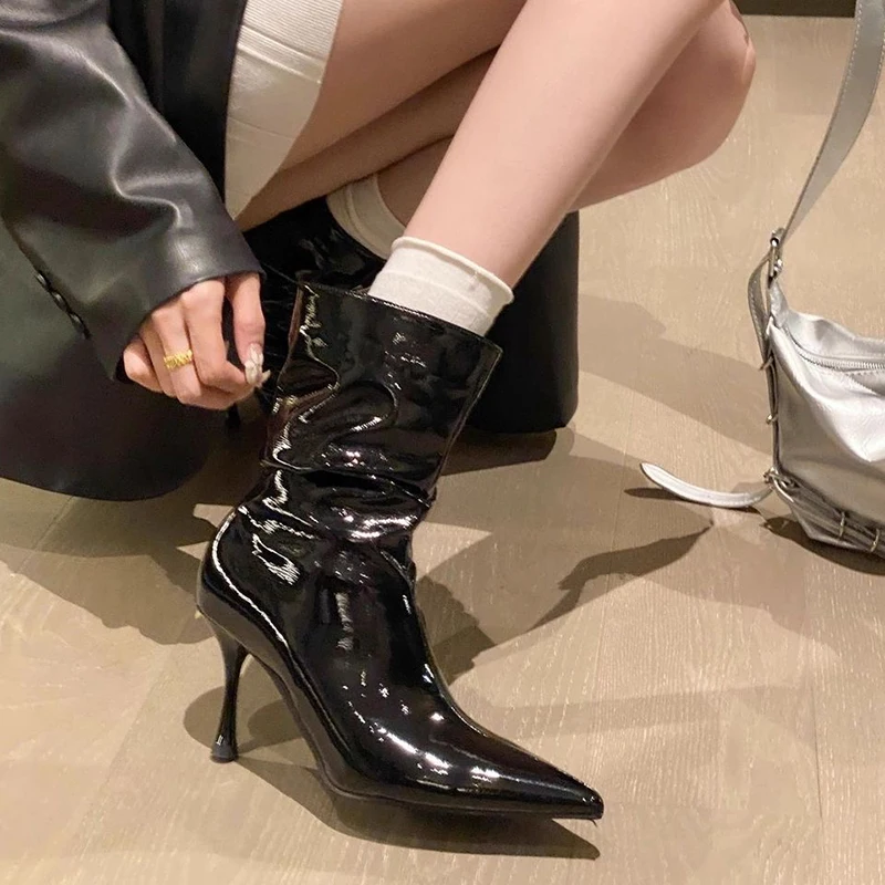 مطوي براءات الاختراع والجلود حذاء من الجلد للنساء مثير أشار تو كعب ستيليتو أحذية السيدات موضة النبيذ الأحمر عالية الكعب فستان أحذية