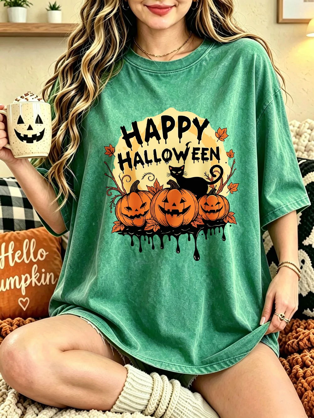 Happy Halloween Pumpkins Printed Washed T-Shirts Womens Cotton Short Sleeve Tops Casual O-Neck Oversized T Shirt Summer Clothes