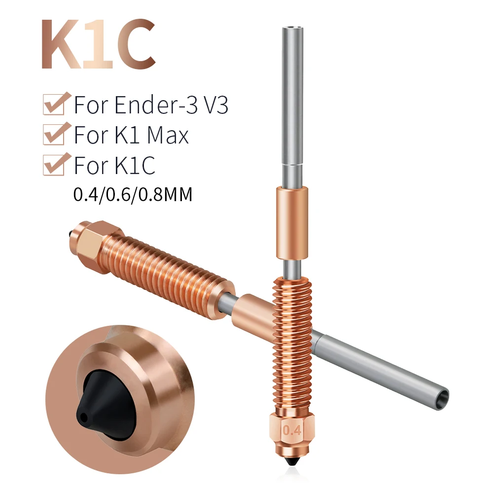 

K1C High Flow Printing Upgraded 0.4 0.6 0.8mm Nozzle Bimetal Copper Brass All-in-one Nozzles for Ender 3 V3, K1 Max