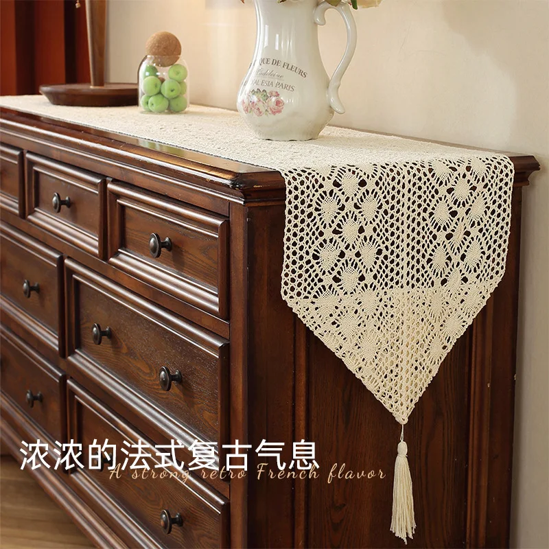 Vintage Crochet Lace Table Runner with Tassels, French Style Beige Cotton Doily for Dresser Wedding Home Decor