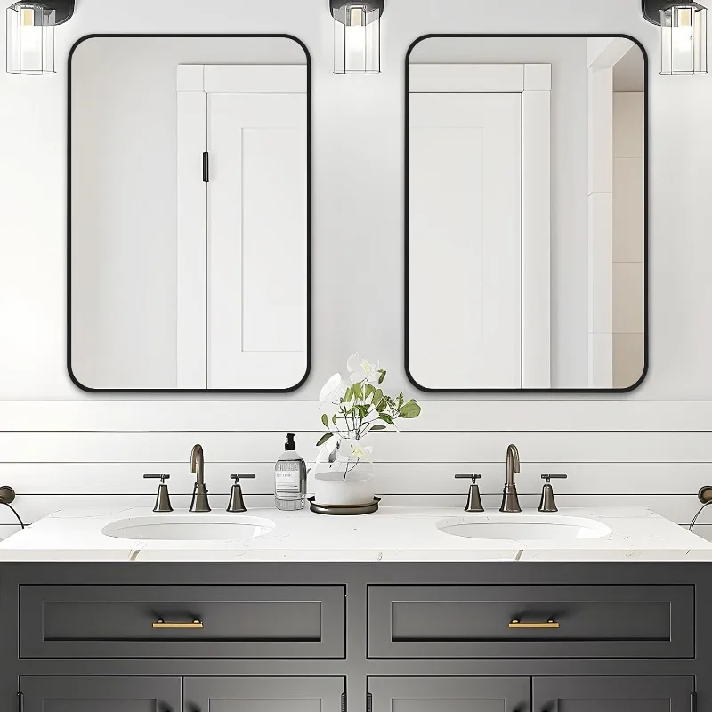 Black Bathroom Mirror for Over Sink Wall - 24x36 Rectangle Mirror with Matte Metal Frame, Big Rounded Rectangular Vanity Mirrors