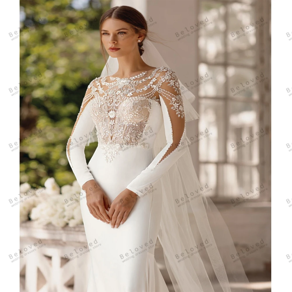 Luxury Wedding Dresses Satin Sheath Mermaid Lace Appliques Full Sleeves Sweep Train Robes For Women Exquisite Vestidos De Novia