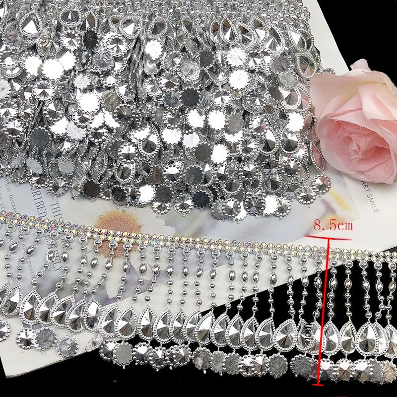 4Yards 8.5cm Wide Teardrop Rhinestone Tassel Fringe Trim Pendant Chain Strass Lace for Wedding Dress Dance Costume Bag DIY Decor