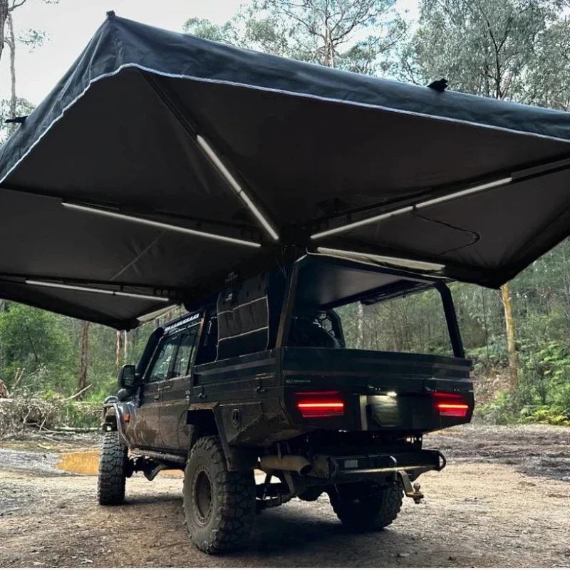 Four-Season Waterproof Polycotton Car Side Awning, 4X4 Off-Road Retractle Awning with Built-in LED, Quick Open Outdoor Vehicle