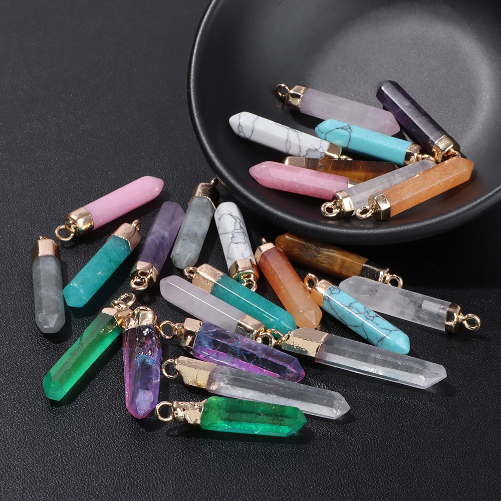 30x6mm Natural Amethysts Rose Quartzs Reiki Hexagonal Pendulum Charm Stone Column Pendant DIY Amulet Jewelry Making Necklaces