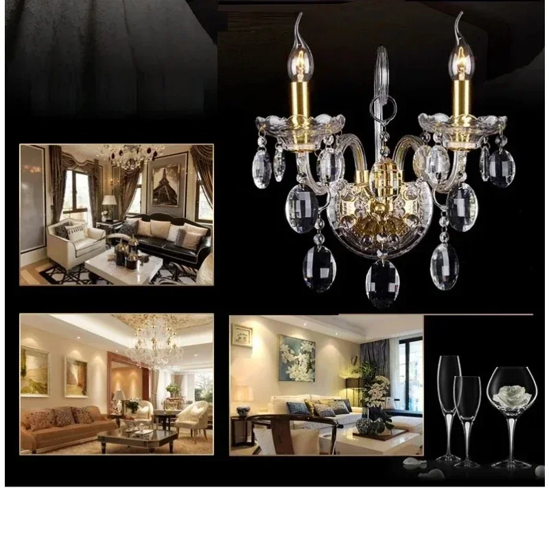 أزياء فاخرة غرفة نوم السرير ضوء شمعة مزدوجة رئيس كريستال الجدار مصباح